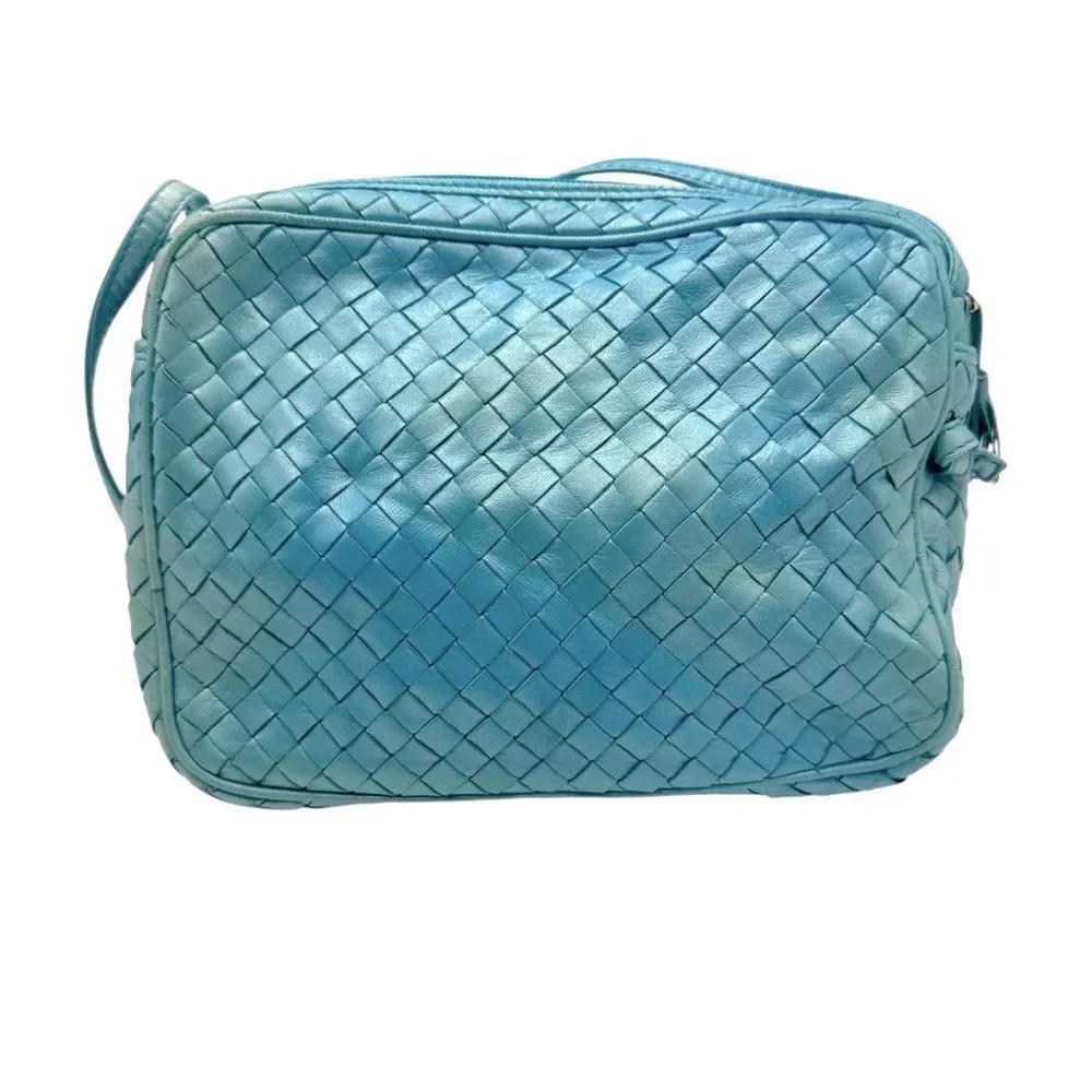 Auth Bottega Veneta Metallic Blue Intreciatto Camera Crossbody Shoulder Bag